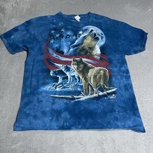 Liquid Blue T Shirt Mens XL Howling Wolf USA Flag Graphic Blue Tie Dye